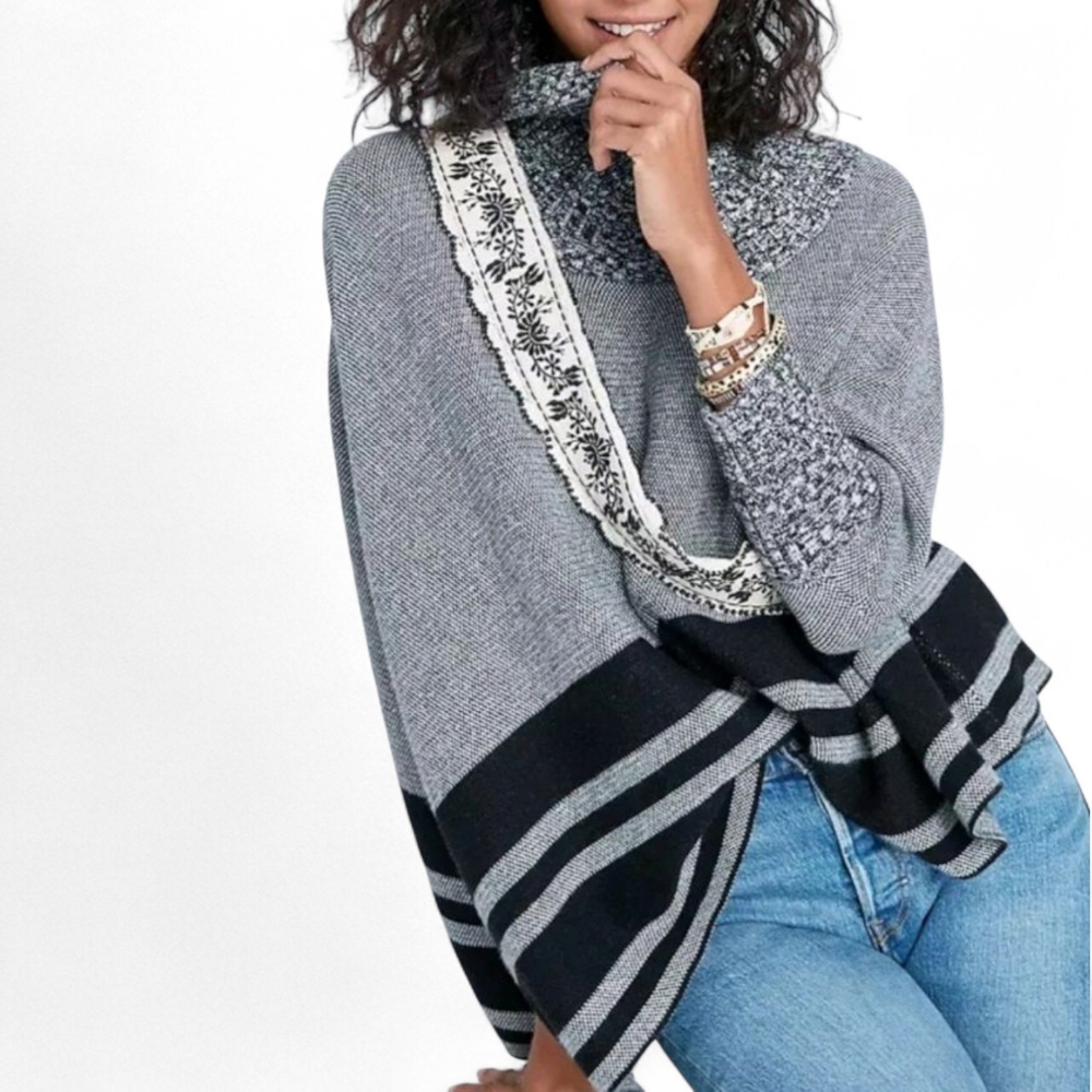 ANTHROPOLOGIE | MAEVE Keisha Gray/Black Oversized Turtleneck‎ Poncho Sweater M/L